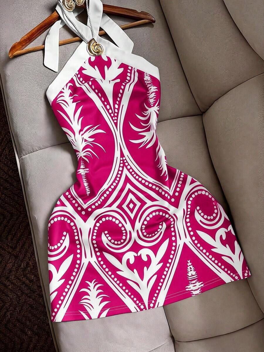 Vestido mini ajustado con estampado de bloques de color, con cuello de halter y cintura con lazo, sexy y casual para playa, vacaciones y viajes para mujeres - Rosa Fucsia - Ver 1