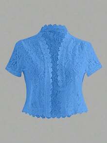 Chaqueta casual de verano para mujer, de unicolor, con parches de encaje en la parte delantera abierta, para ropa de fiesta de vacaciones - Azul lavado oscuro - Ver 1