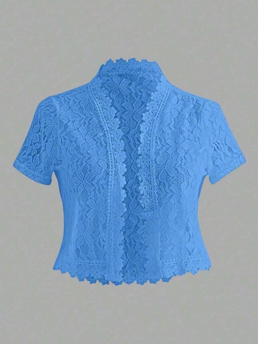 Chaqueta casual de verano para mujer, de unicolor, con parches de encaje en la parte delantera abierta, para ropa de fiesta de vacaciones - Azul lavado oscuro - Ver 1