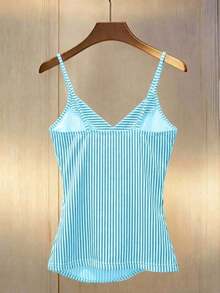 Nuevo top de tirantes finos con volantes y decoración de botones cruzados en la parte delantera, a rayas, para mujer, primavera/verano - Celeste - Ver 2