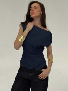 Blusa de oficina para mujer con cuello de barco, mangas cortas y corte cropped en color beige - Azul marino - Ver 8