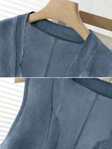 Chaleco corto de lino casual para mujer, color blanco, para primavera y verano - Niebla azul - Ver 4