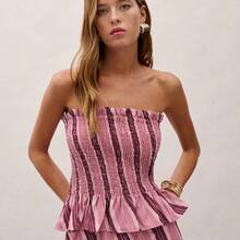 Off Shoulder Strapless Striped Set Featuring A Smocked Bodice Top With Peplum Detail, And Flowing Skirt. Summer, Perfect For Vacations, Casual Days, Spring, Beachwear, Coverup, Festival, Coords. - Rosa - Ver 8