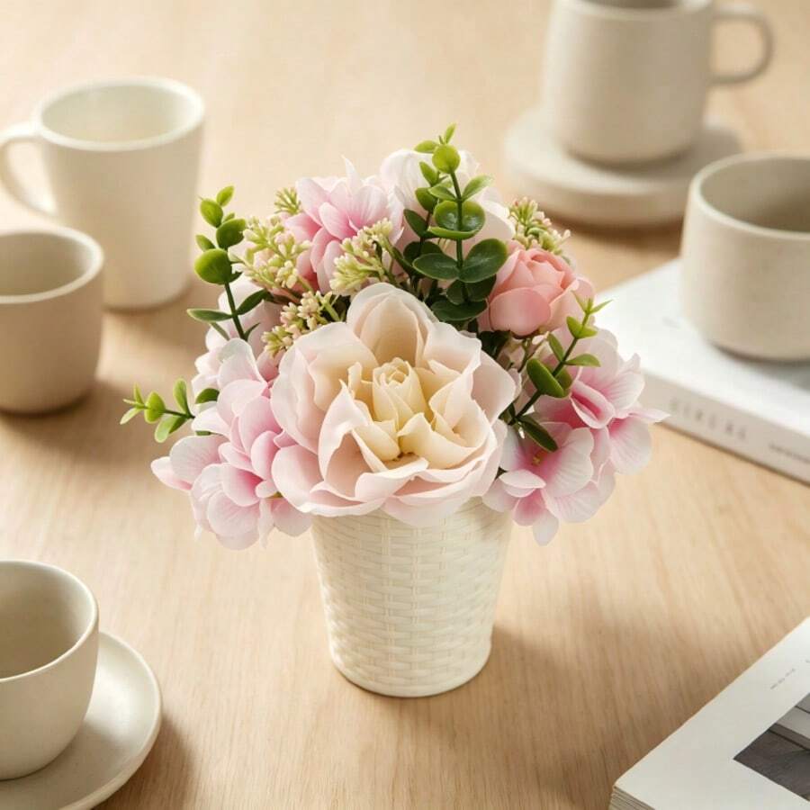 1/2PCS Artificial Pink Peony & Hydrangea Arrangement In Pot, Faux Floral Decor For Indoor Home Artificial Pink Floral Pot, Realistic Faux Peony Arrangement For Shelf Coffee Table Decor - Pink - View 1
