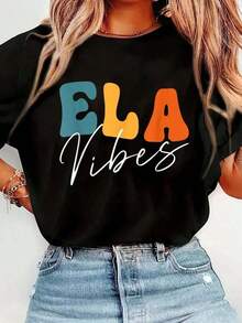 100% Cotton English Vibes - Ela Vibes T-Shirt For Teachers And Students, Back To School, Printed T-Shirt, Casual, Crew Neck, Short Sleeve, Comfortable, For Spring And Summer, Women's Clothing - 黑色 - 查看 1