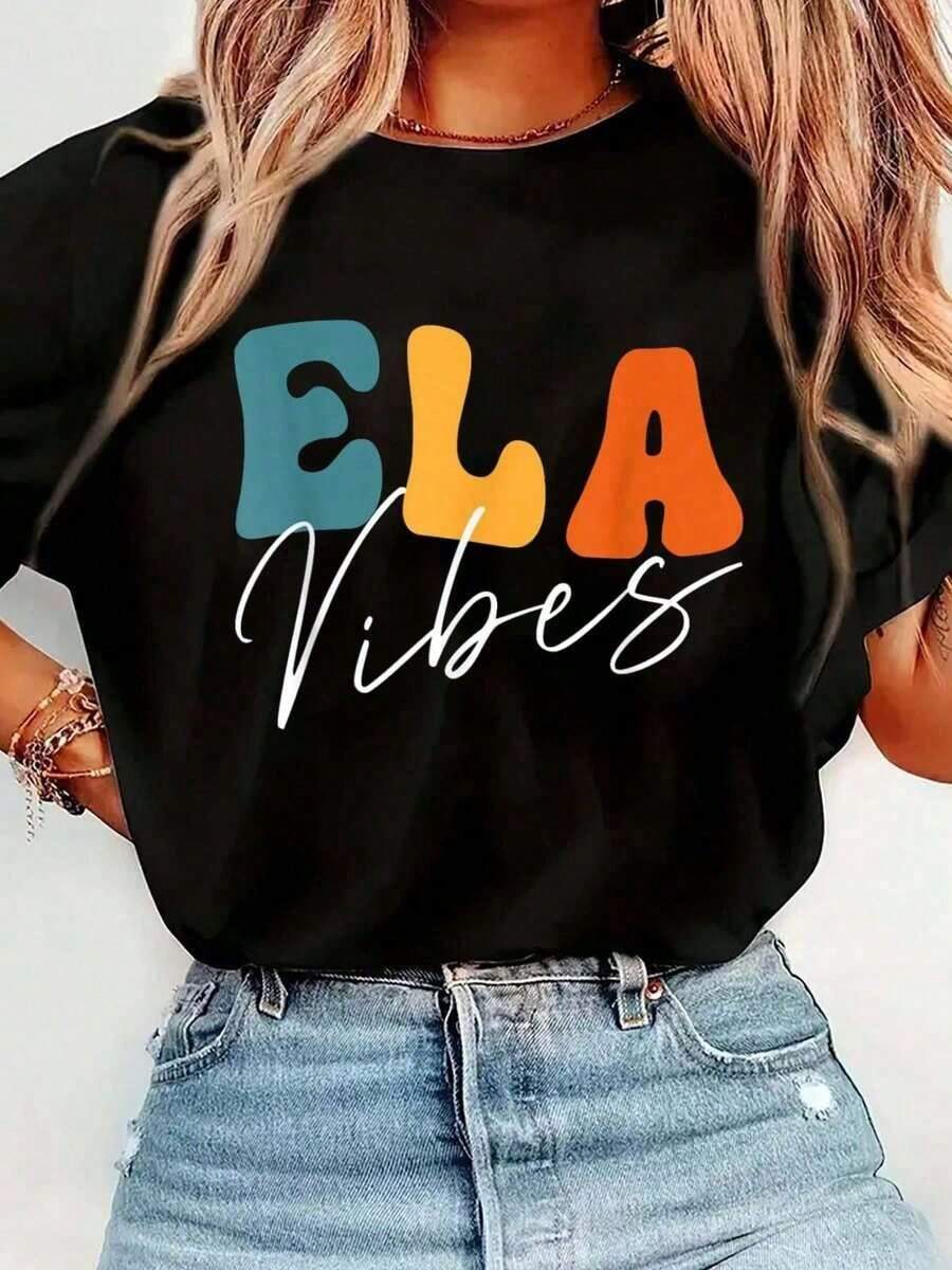 100% Cotton English Vibes - Ela Vibes T-Shirt For Teachers And Students, Back To School, Printed T-Shirt, Casual, Crew Neck, Short Sleeve, Comfortable, For Spring And Summer, Women's Clothing - 黑色 - 查看 1