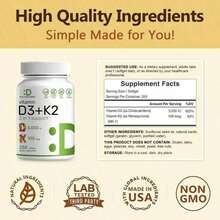 Supplement Vitamin D3K2, 250 Veggie Softgels, 2 In 1 (5000 D3+100mcg K2 MK7)| Healthy Bones, Teeth, Heart, Immune System Healthcare Dietary Fitness Edible - 3PCS - 查看 5