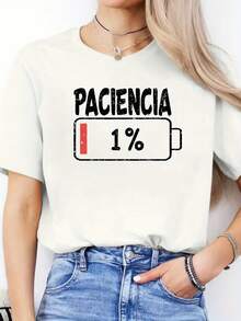 Camiseta de moda para mujer, camiseta informal transpirable de manga corta con cuello redondo y estampado de letras españoles vibrantes para mujer - H4797-Negro - Ver 2