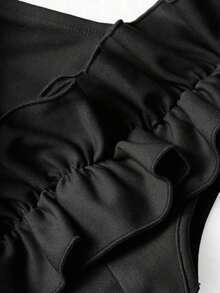 AIJ Vestido elegante de corte asimétrico con hombro descubierto, diseño fruncido y volantes, sin mangas, para mujer, unicolor, para fiestas, citas, fiestas de solteros, cenas formales o eventos de gala en otoño e invierno 2024 - Negro - Ver 7