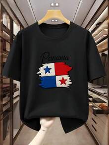 Camiseta de hombre de talla grande con la bandera de Panamá, 100% algodón, con emblema de Panamá, cuello redondo, manga corta, estilo casual - Ropa informal con temática de Panamá para primavera, verano y otoño, lavable a máquina, cómoda para uso diario, adecuada para tallas grandes. - Negro - Ver 6