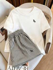 informal de 2 piezas de camiseta de manga corta con cuello redondo y estampado de letras, y shorts para mujer - Blanco - Ver 1