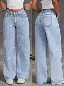 Jeans de pierna ancha con adornos de strass con estampado de estrellas, casuales para primavera - azul claro - Ver 1