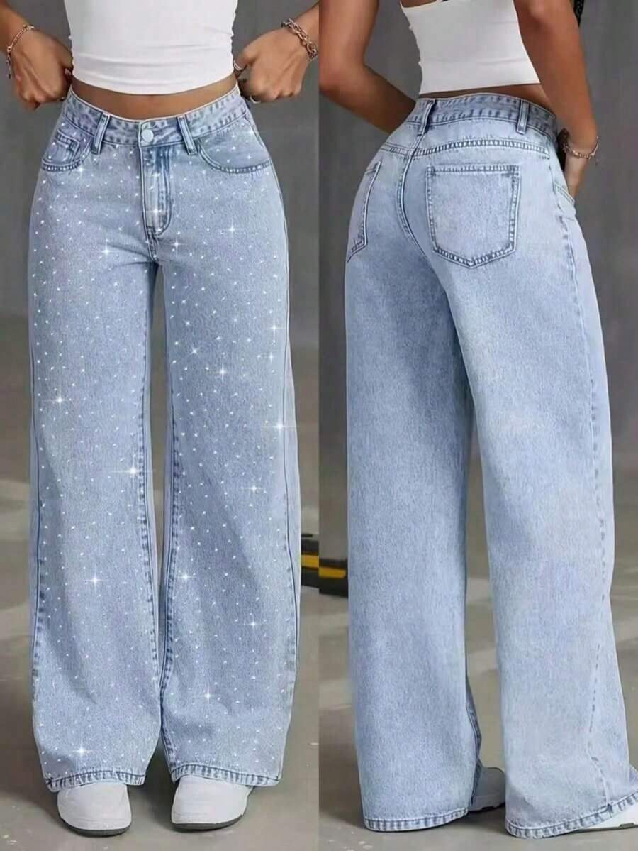 Jeans de pierna ancha con adornos de strass con estampado de estrellas, casuales para primavera - azul claro - Ver 1