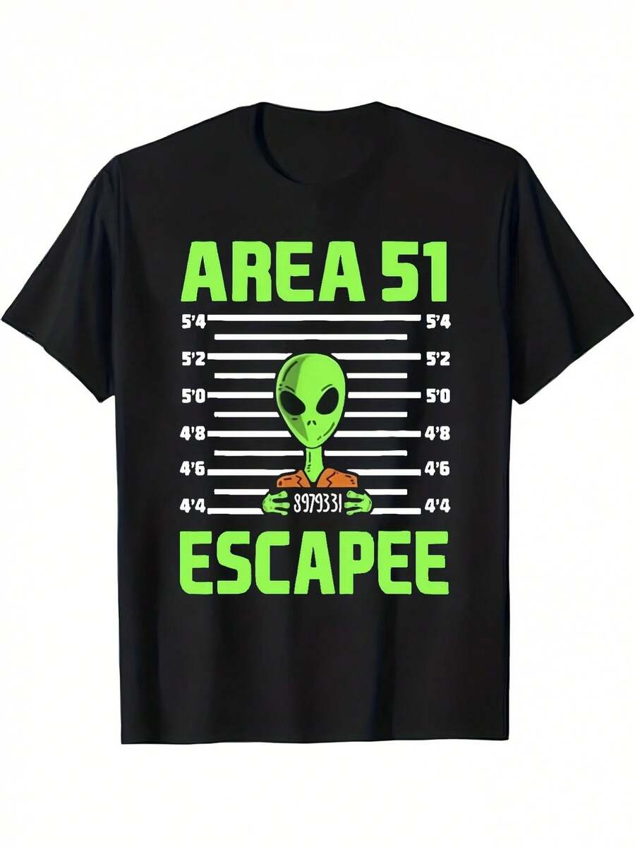 Camiseta Gráfica de Conspiración Alienígena UFO para Hombre - Estampado "Area 51 Escapee" y "SOS", Negra con Diseño Verde Neón, Manga Corta, Cuello Redondo, Estilo Casual, Lavable a Máquina, Corte Regular, Ropa Novedosa, Camiseta Divertida, Tela No Transparente - Negro - Ver 1