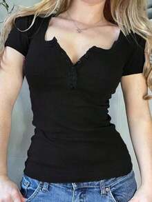 3 piezas Camisetas de manga corta casuales y versátiles de unicolor con pliegues para mujer - Multicolor 2 - Ver 6