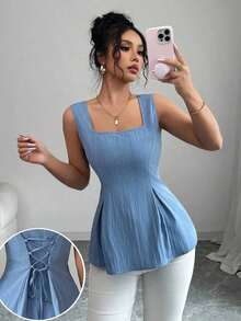 Camisa sin mangas elegante con cuello cuadrado, cintura atada y rayas para el verano 2025 - Azul - Ver 5