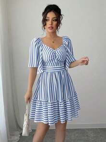 Elenzya Vestido de primavera y verano de talla media con rayas azules y blancas, manga corta, elegante y casual, con cintura ajustada para mujeres - Azul y blanco - Ver 5
