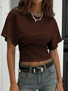 Camiseta blanca casual de mujer de cuello redondo y manga corta, holgada - Café integral - Ver 3