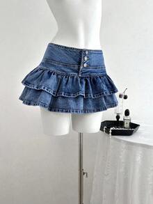 Falda de mezclilla de moda para mujer con diseño de cintura con botones y dobladillo con doble volante - Lavado ligero 2 - Ver 8