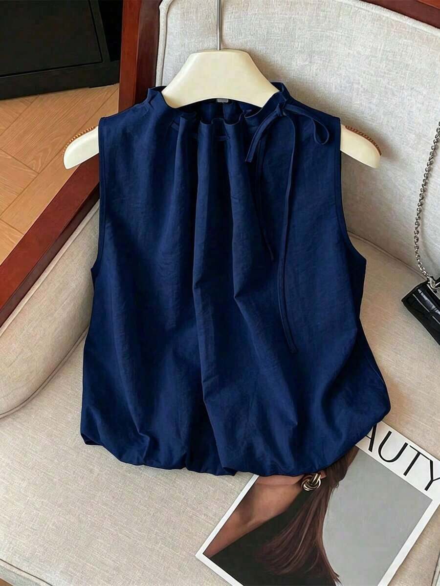 Blusa blanca elegante sin mangas, de cintura elástica y cuello suelto con cordón, de tejido texturizado, para mujer, para primavera/verano.Blusas y tops para mujer de cuello cerrado, blusas casuales y modernas para el verano - Azul marino - Ver 1