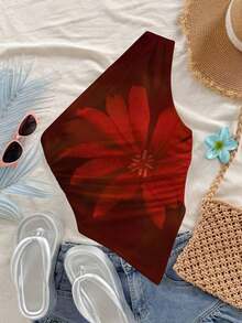 Blusa de mujer con estampado floral sexy, bajo asimétrico y hombros fruncidos, adecuada para vacaciones en la playa - Rojo y negro - Ver 1