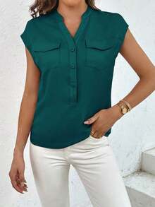 Camisa casual de mujer de manga corta con bolsillo, cuello en V con muesca y unicolor para uso laboral - Agua verde azul - Ver 6
