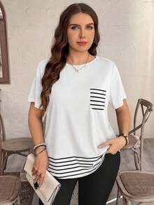 Camiseta casual de talla grande con bolsillo y rayas de contraste, prenda de vestir occidental estilo boho bohemio, top de festival de los 90, verano y primavera - Blanco - Ver 4