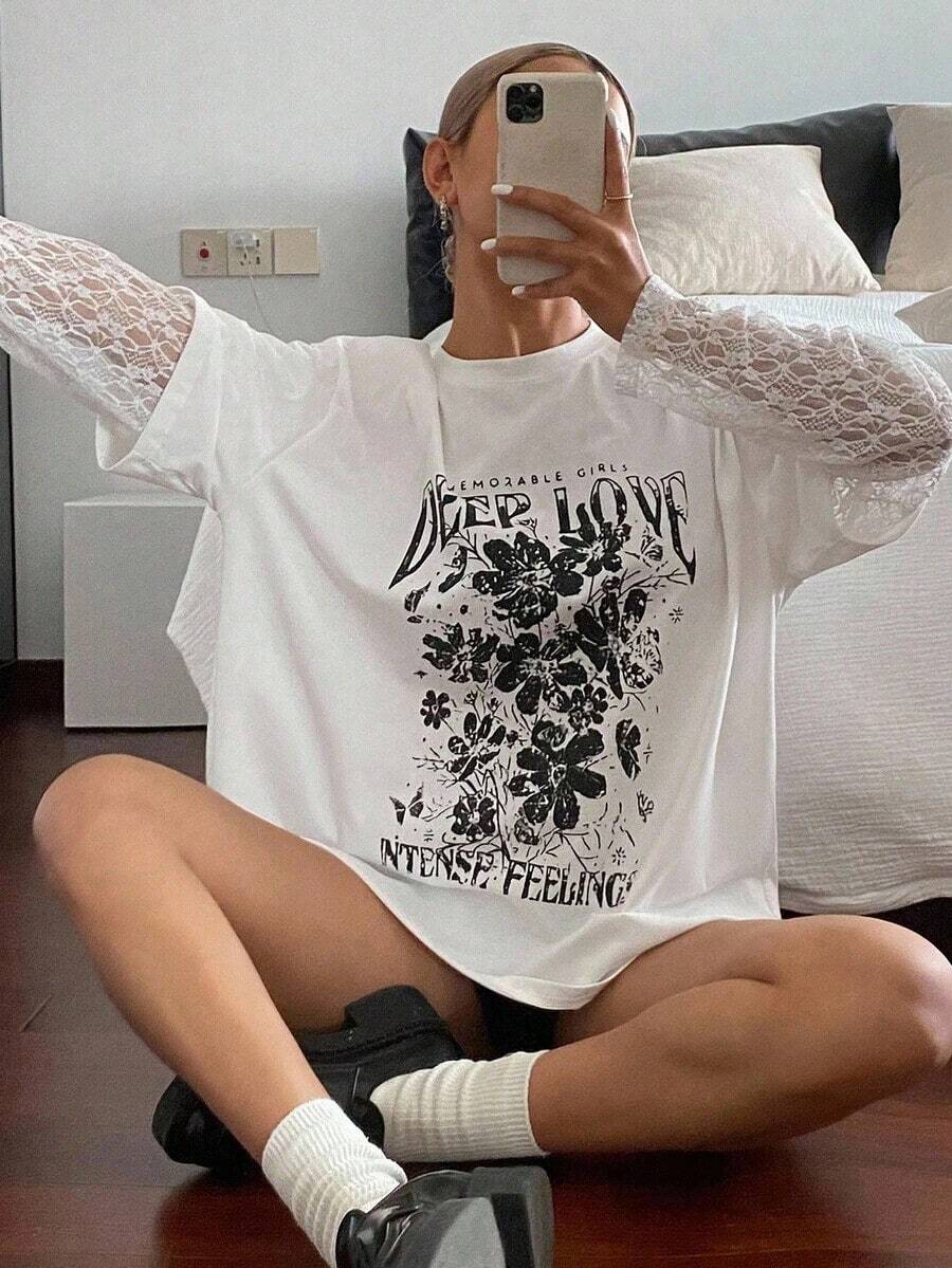 Camiseta de verano holgada y casual con estampado de letras y encaje en contraste, camiseta gráfica oversize con estampado floral-Vintage Street Style Unisex Loose Cotton Short Sleeve Crew Neck T-Shirtblusas para mujer. blusas.blusas casuales para dama. - Blanco - Ver 1