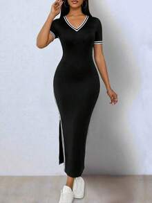 Vestido elegante de mujer de manga corta con cuello en V, de punto elástico de color negro con bloqueo de color, asimétrico con abertura en el bajo - Negro - Ver 7