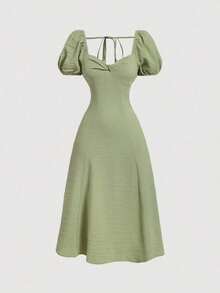 MOD Vestido de verano elegante de mujer de unicolor con mangas abullonadas y cintura ceñida - Verde - Ver 6