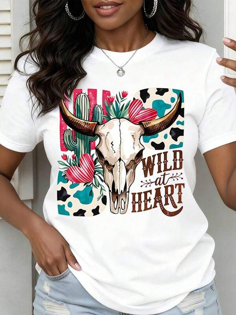 Camiseta con estampado de calavera de toro, cactus y estilo boho para mujer, de manga corta, casual y de estilo occidental, para outfit de verano