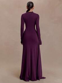 Vestido otoño-invierno cuello alto manga larga con cintas plisado ajustado estilo elegante moda europea para mujer - Morado - Ver 3