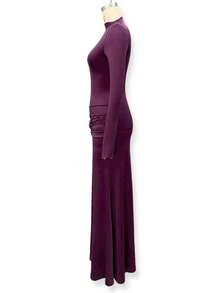 Vestido otoño-invierno cuello alto manga larga con cintas plisado ajustado estilo elegante moda europea para mujer - Morado - Ver 7