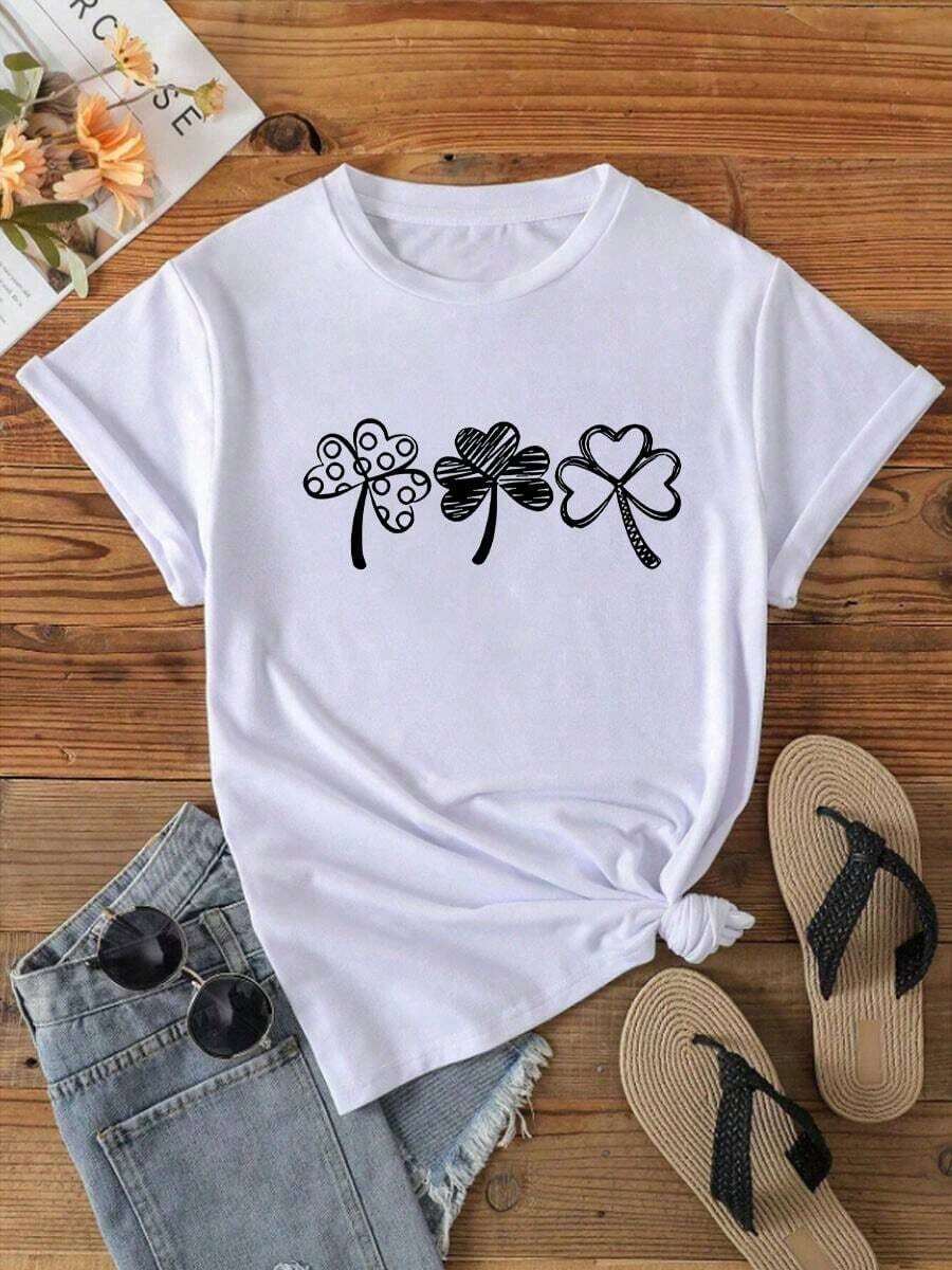 Camiseta de manga corta con cuello redondo para mujer, hecha de tela 100% algodón puro, suave y con caída fluida, adecuada para uso diario, oficina, escuela, vacaciones, camping, de estilo versátil, que hace que tu verano sea más vibrante y colorido. - Blanco - Ver 1