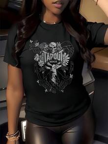 Cráneo rodeado de flores simboliza la fuerza y la superación personal con toques de arte urbano contemporáneo camiseta de mujer casual moderna para uso diario - Negro - Ver 8