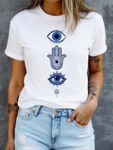 Women's Casual Short Sleeve T-Shirt - White T-Shirt With Turkish Eye And Hamsa Hand Print, Casual Crew Neck, Soft And Stretchy Fabric, Machine Washable, Fashionable Top For All Seasons, Graphic Design Garment, Comfortable Fit T-Shirt, Perfect Gift, 100% Cotton, Durable - 白色 - 查看 7