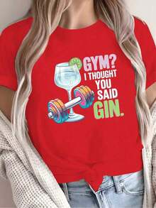 Comfortable, Modern Minimalist T-Shirt With A Cartoon Gin And Tonic Dumbbell Print; A Comfortable And Simple T-Shirt For Women. Loose, Versatile Short-Sleeve T-Shirt For Women. - 紅色的 - 查看 8
