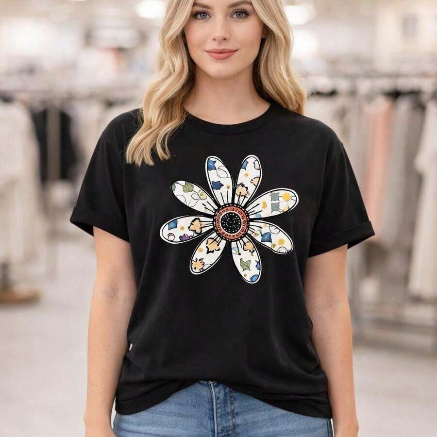 Camiseta de Algodón para Mujer, Tallas Grandes, M-5XL, Cuello Redondo, Manga Corta, Corte Holgado, Estampado Floral, Uso Diario Casual, Camiseta Suave y Transpirable, Color Negro, Tallas de M a 5XL, Moda de Tallas Grandes, Top Cómodo de Verano, Transpirable y cómodo. - Negro - Ver 1
