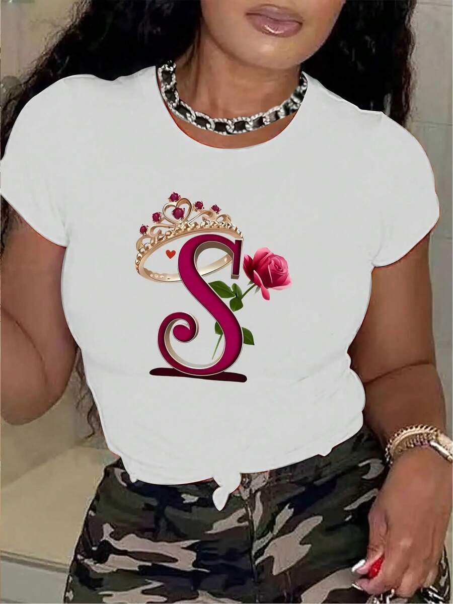 Women's Mexican T-Shirt With Crown And Rose Print In Bright Orange - Short Sleeve, Crew Neck, Loose Fit Blouse - Compatible Top | Machine Washable, Medium Stretch, Suitable For Everyday Wear, Vacations, And Festivals. | Casual Spring, Summer, And Autumn Outfits (Sizes S-XXL) Fashionable Summer Cotton T-Shirt - 白色 - 查看 1