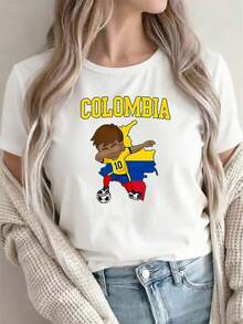 Camiseta de Edición Limitada para Mujer, Aficionada al Fútbol de Colombia - Amarilla, Cómoda, de Cuello Redondo, Estilo Casual, con Estampado de la Bandera Colombiana, Lavable aáquina, Camiseta de Poliéster Adecuada para Uso Diario y Ropa de Fútbol, Ligera de Algodón - Blanco - Ver 1