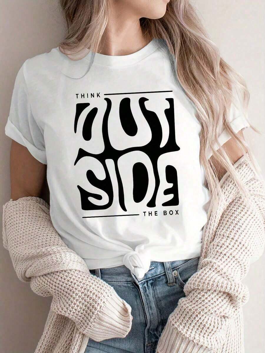 1pscY2K Top de Verano para Mujer, Bonito y Divertido. PIENSA FUERA DE LA CAJA, Fuente Wave Art, Estilo Minimalista Creativo, Camiseta de Mujer con Estampado de Letras de Dibujos Animados. Adecuado para diversas ocasiones, como regalo para festivales, cumpleaños, festivales de música, uso casual, versátil y cómodo, para vacaciones en la playa, sencillo y a la moda, adecuado para el uso diario de mujeres y niñas. 100% algodón. - Blanco - Ver 1