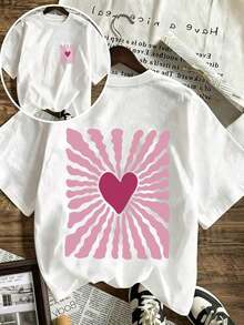 Camiseta de manga corta con cuello redondo y estampado de corazones y rayas.Camiseta de manga corta con cuello redondo, estilo casual y minimalista para mujer, con un diseño lindo, corte holgado, ideal para uso diario y vacaciones.Verano - Blanco - Ver 6