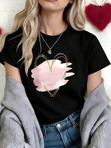 Coquette Pink Brush Stroke Gold Line Heart Graphic T-Shirt, 100% Cotton Oversized Soft Breathable Romantic Tee, Casual Crewneck Short Sleeve Top For Valentine's Day & Teen Girls - 黑色 - 查看 3