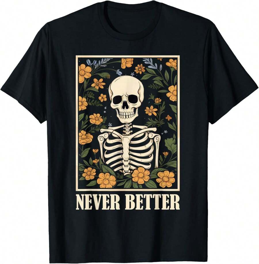 Playera de manga corta estampado calavera con flores divertida para Halloween hombre y mujer ropa juvenil camiseta de mujer algodon duradera uso diario estilo casual con envio nacional - Negro - Ver 1