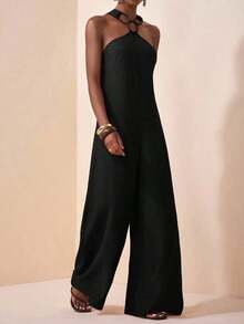Mono de pierna ancha de unicolor y redondo conectado de moda para mujer - Negro - Ver 5