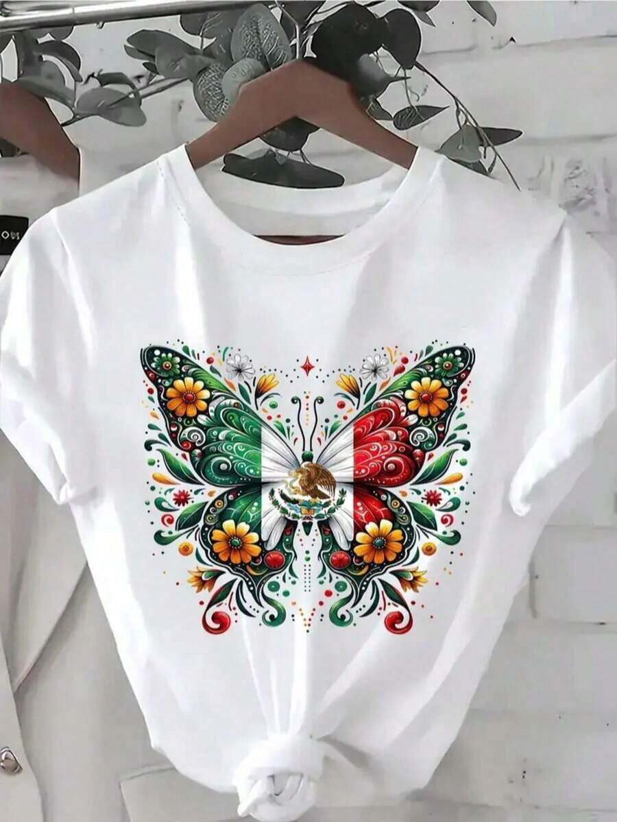 Camiseta de mujer moderna, informal, para fiestas y para estar en casa, 100% algodón, corte holgado. 1psc1 Sexy Casual Dulce Fiesta Brillante Alta elasticidad Playa Noche de fiesta Vacaciones Boda Deportivo Casa Oficina Despedida de soltera verano Camiseta de Mujer con Estampado del Corazón de la Bandera Mexicana - Diseño Patriótico en Verde, Blanco y Rojo - Tela Suave para Uso Diario y Eventos Temáticos - Tallas S-XL - Lavable a Máquina, Ropa Ligera para Todas las Estaciones Camiseta de mujer, estampado de bandera mexicana de mariposa, cuello redondo, manga corta, moda 2025, transpirable, diaria casual100%cotton - Blanco - Ver 1