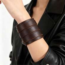 1 pieza Brazalete de cuero ancho multicapa vintage, accesorio exagerado personalizado para hombres, regalo para el novio - Marrón - Ver 1