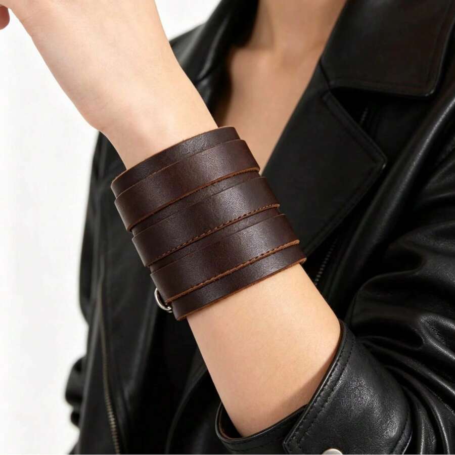 1 pieza Brazalete de cuero ancho multicapa vintage, accesorio exagerado personalizado para hombres, regalo para el novio - Marrón - Ver 1