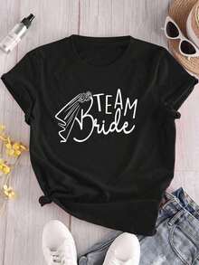 1 pieza de camiseta casual diaria para mujer, talla grande 0XL-5XL, 180g, con estampado de letras clásicas y cuello redondo clásico, es una camiseta deportiva para mujer, hecha de material cómodo y agradable para la piel, adecuada para el estilo casual de calle de verano, 100% algodón. - Negro - Ver 7