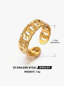 1pc Stainless Steel 18K Gold Plated Minimalist Chain Design Open Ring, Suitable For Women's Daily, Party, Holiday Gift - Gold - View 5